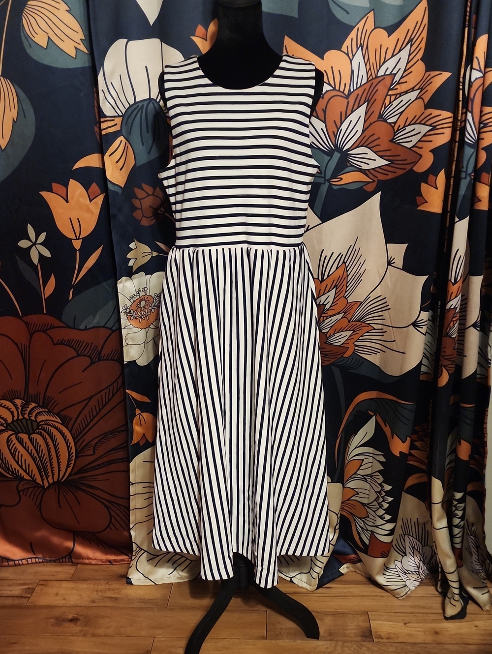 Draper James Navy and White Striped Sleeveless Fit-and-Flare Dress